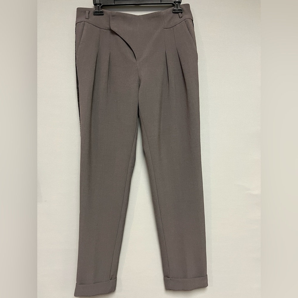 Dressy gray and Black ankle slacks, tuxedo stripes on leg, asymmetrical front